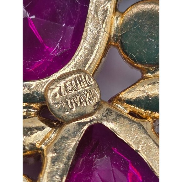 Stunning Art Deco Fuchsia 1920s Czechoslovakia Signed Large Double Brooch 2.25" - Picture 3 of 4